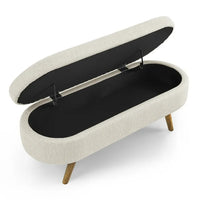 Oval Storage Bench 43.5" Modern Linen Fabric Upholstered Entryway Bench with Rubber Wood Legs Ottoman Bench Indoor Storage Bench for Living Room, Bedroom, End of Bed, Entryway, Bed Side, Beige