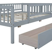 Low Wood Bed with Fence Guardrails for Kids, Full Size Platform Bed Frame Montessori Bed with 2 Storage Drawers & Slats System for Boys Girls Bedroom, No Box Spring Required, (Gray, Full Size)