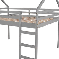 Full Size House Loft Bed with Slide and Ladder for Kids Bedroom, Wood Bedframe with Roof and Guardrails, Home Furniutre for Boys Girls, No Box Spring Required, Gray