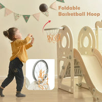 Slide and Swing Set, Toddler Slide Swing Set with Bus Play Structure, Freestanding Slide Set with Climber and Basketball Hoop, Toddler Playground Indoor Outdoor (Beige)