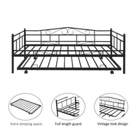 Twin Daybed with Trundle,Pullout Trundle Bed with 4 Casters, Metal Sofa Bed with Slat Support, for Kids Teens Adults Living Room, Guest Room, No Box Spring Needed, Black