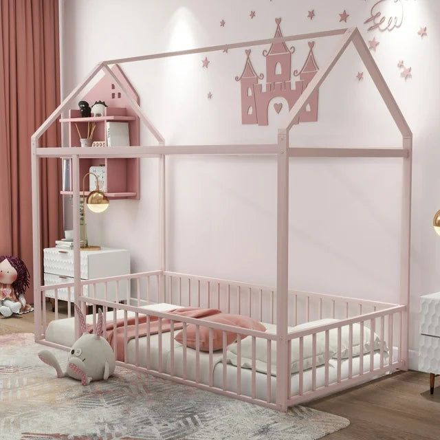 Twin Size House Bed, Metal House Floor Bed with Safety Fence and Roof, Playhouse Design Montessori Floor Bed for Toddlers Kids Girls and Boys, Can be Decorated, Without Slats Support, White