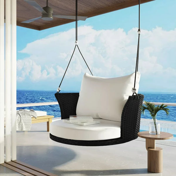 Wicker Rattan Outdoor Patio Swing Chair, Single Person Hanging Swing Bench, 33.8" Rattan Woven Swing Chair, Porch Swing With Ropes, Poolside Gossip Collection, Black Wicker and White Cushion