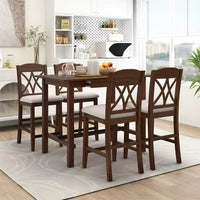 Dining Table Set for 4, 5-Piece Counter Height Dining Table Set with 4 Upholstered Dining Chairs, Wood Dining Table with 1 Drawer, Walnut+Beige