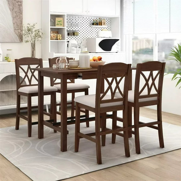 Dining Table Set for 4, 5-Piece Counter Height Dining Table Set with 4 Upholstered Dining Chairs, Wood Dining Table with 1 Drawer, Walnut+Beige