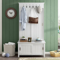 Hall Tree with Bench and Shoe Storage, 3-in-1 Entryway Bench with Sliding Doors, Coat Racks and Shelves, 70" H Multifunctional Hall Tree with Adjustable Shoe Storage for Entryway, Mudroom, White