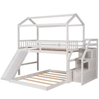 Twin Over Full House Bunk Bed with Convertible Slide and Storage Staircase, Kids Bunk Bed with Roof and Full-Length Guardrail,Floor Bunk Beds with Slat Support,No Box Spring Needed,Easy Assembly,White