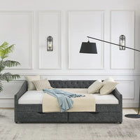Queen Size Daybed with 2 Drawers, Upholstered Tufted Sofa Bed Frame with Wood Slats Support & Button Back & Copper Nailed Armrests, for Bedroom, Living Room, No Box Spring Needed, Gray