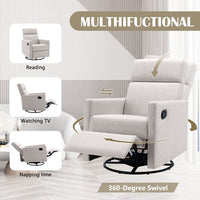 Modern Swivel Rocker Recliner Chair, Upholstered Glider Reclining Sofa Chair with Adjustable Backrest and Footrest, 360 Degree Swivel Nursery Recliner Chair Lounge Armchair for Living Room, Beige