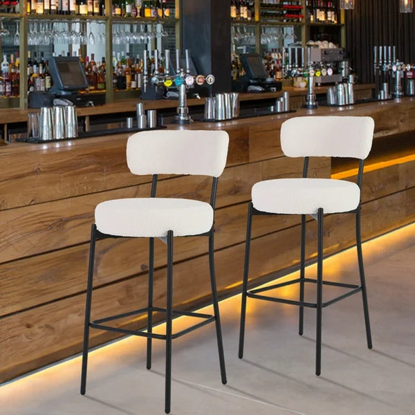 Premium Teddy Fabric Chair Set of 2, Dining Chiar with Iron Frame, Upholstered Large Circle Seat, Footrest, Bar Stools for Kitchen, Bar, Restaurant, White