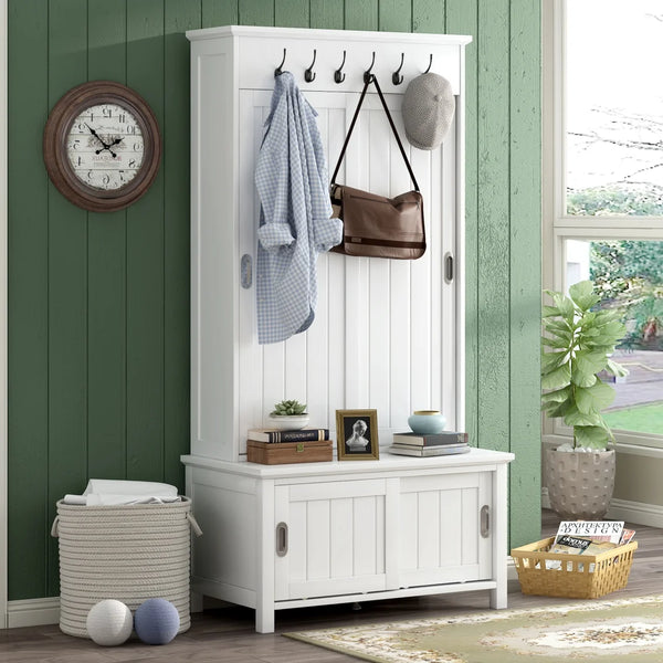 Hall Tree with Bench and Shoe Storage, 3-in-1 Entryway Bench with Sliding Doors, Coat Racks and Shelves, 70" H Multifunctional Hall Tree with Adjustable Shoe Storage for Entryway, Mudroom, White