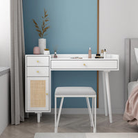 Makeup Vanity with Charging Port, Modern Dressing Table with Rattan Door and Multi-Storage, White Vanity Desk for Bedroom, Living Room, Weight Capacity 160 Pounds