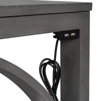 3-Piece Dining Table Set, Farmhouse Wood Bar Set Dining Set with 2 Upholstered Stools, Rectangular Counter Height Dining Table Set with Built-in USB Port, Circle Design Legs, for Small Places, Gray
