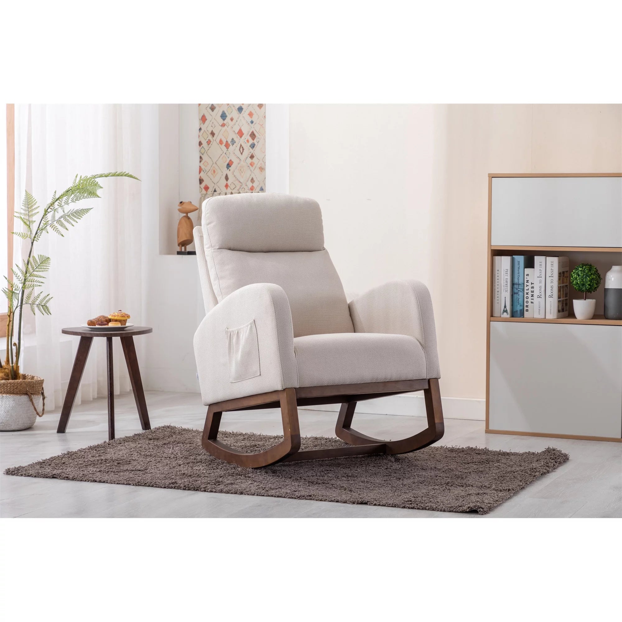 Modern Rocking Chair Nursery Upholstered Glider Chair with Side Pocket, Comfortable Rocking Accent Armchair with High Back and Rubber Wood Legs for Living Room Bedroom Reading Room Lounge, Beige