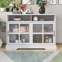 Accent Storage Cabinet, Wood Buffet Table with 2 Glass Sliding Doors & Adjustable Shelves, Modern Sideboard with for Living Room Entryway and Bedroom, 47.6”L x 15.5”W x 33”H, Antique White
