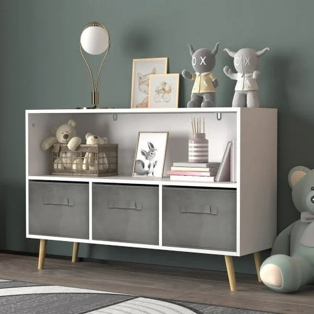 Toy Organizers, Kids Bookcase with Collapsible Fabric Storage Drawers, Wooden Toy Storage Cabinet with Pine Legs for Organizing Books Toys, Children's Room, Playroom, Nursery (Gray)