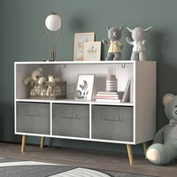 Toy Organizers, Kids Bookcase with Collapsible Fabric Storage Drawers, Wooden Toy Storage Cabinet with Pine Legs for Organizing Books Toys, Children's Room, Playroom, Nursery (Gray)