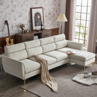 L-Shaped Sectional Sofa with Footstool, Plaid Fleece 4 Seat Sofa Couch with Chaise Lounge and Electroplated Gold Triple Leg, Indoor Modular Sofa for Living Room Office Guestroom, 282*142*88cm