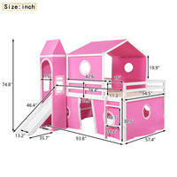 Full Size Castle Shaped Floor Bunk Bed, Full Over Full Floor Bunk Loft Bed with Tower and Slide, Wood Loft Playhouse Bed Frame with Tent for Kids Girls Boys Teens