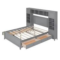Full Size Platform Bed with 4 Storage Drawers and Bookcase Headboard, Wood Full Bed with All-in-One Cabinet and Shelf, Full Storage Bed Frame for Bedroom, Gray