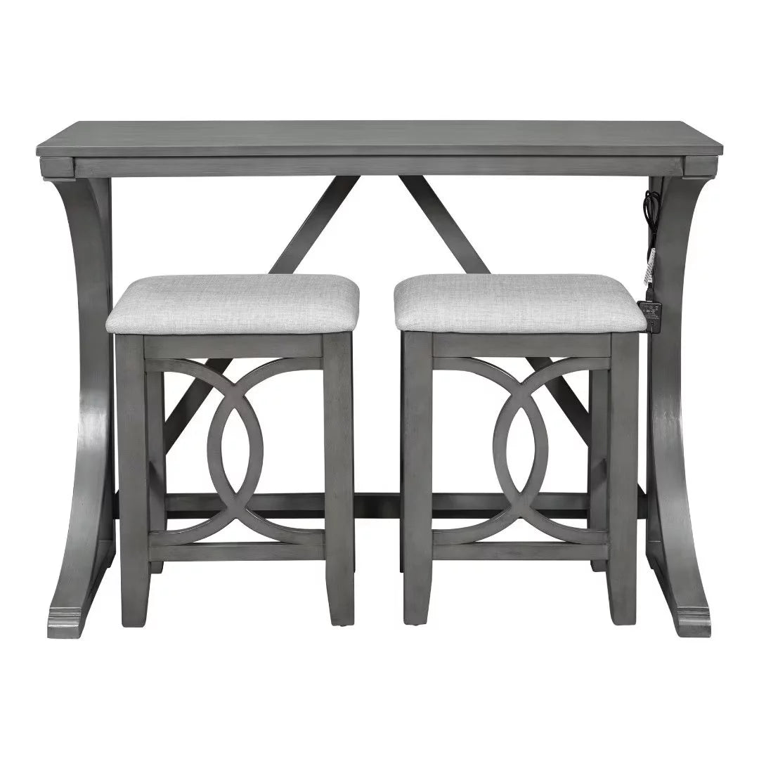 3-Piece Dining Table Set, Farmhouse Wood Bar Set Dining Set with 2 Upholstered Stools, Rectangular Counter Height Dining Table Set with Built-in USB Port, Circle Design Legs, for Small Places, Gray