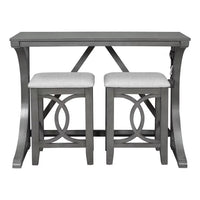 3-Piece Dining Table Set, Farmhouse Wood Bar Set Dining Set with 2 Upholstered Stools, Rectangular Counter Height Dining Table Set with Built-in USB Port, Circle Design Legs, for Small Places, Gray