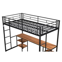 Twin Size Loft Bed with Desk, Twin Metal Loft Bed with Safety Guardrails and Ladders, Heavy Duty Bed Frame with Shelves for Kids Children Teens Adults, Space-Saving, No Box Spring Needed, Black