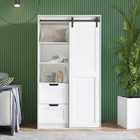 71-inch High Wardrobe Closet and Cabinet with Hanging Rod,Wall Clothes Locker,Classic Sliding Barn Door Armoire for bedroom Cloakroom Hanging Clothes Bags Hats,Standing Storage Cabinet,Antique White