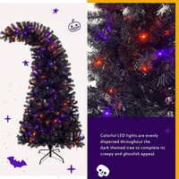 6FT Bent Top Black Halloween Christmas Tree with Lights Halloween Decorations Indoor, Artificial Fir Xmas Halloween Tree Bendable Grinch Style Christmas Tree w/1,080 Lush Branch Tips & 300 LED Lights