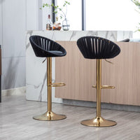 Bar Stools Set of 2, Velvet Swivel Adjustable Height Barstool with Low Back & Footrest for Home Bar Kitchen Island Chair with Golden Base, Black