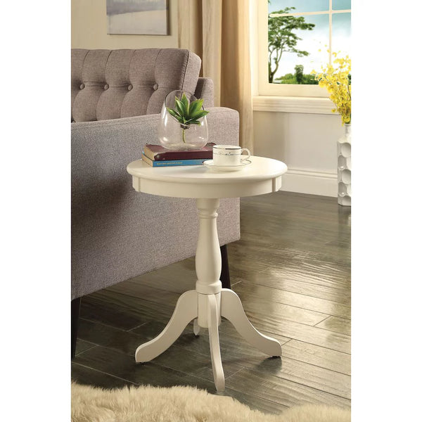 Retro Round Side Table with Glossy Tabletop, 18" Dia Wood Sofa Table with Pedestal Base and 4 Legs, Small Coffee Table for Living Room Office, Easy Assembly, White