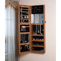 Mirror Jewelry Cabinet, 47.2"H Jewelry Cabinet Mirrored Furniture, Wall Mount and Over The Door Wooden Mirror Cabinet with Outside Full Length Dressing Mirror and Inside Small Mirror, Oak