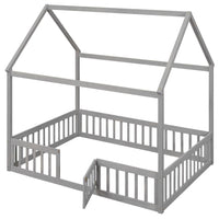 Full Size House Bed with Fence and Door for Kids, Montessori Floor Bed with Roof Can be Decorated, Playhouse Design Wood Bed Frame for Kids Toddlers Boys and Girls, Gray