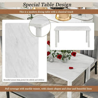 6-Piece Dining Table Set, Modern Kitchen Table and Chairs Set for 6 with Marble Veneer Table, 4 Flannelette Upholstered Dining Chairs & Bench, Kitchen Living room Dining Room Table and Chair Set, Gray