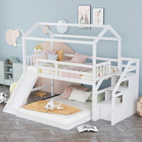 Twin Over Full House Bunk Bed with Convertible Slide and Storage Staircase, Kids Bunk Bed with Roof and Full-Length Guardrail,Floor Bunk Beds with Slat Support,No Box Spring Needed,Easy Assembly,White