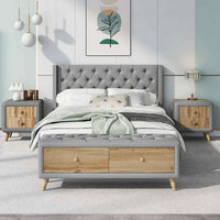 4-Pieces Bedroom Sets, Full Size Platform Bed with Two Nightstands and Storage Bench, Wooden Bedroom Sets, Button Tufted Platform Bed Sets, Wood Platform Bed Frame, Bedroom Furniture Sets, Gray