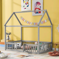 Full Size House Bed with Fence and Door for Kids, Montessori Floor Bed with Roof Can be Decorated, Playhouse Design Wood Bed Frame for Kids Toddlers Boys and Girls, Gray