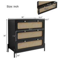 Modern 3 Drawer Dresser, Rattan Chest of Drawers with Spacious Storage Rattan Dresser, Closet Storage Bedside Table Dresser for Bedroom Living Room Entryway, Hallway, Black