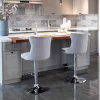 Swivel Bar Stools Set of 2, Adjustable Counter Height Barstools with Wing Back, Nailheads Trim and Sliver Footrest, Velvet Button Tufted Upholstered Bar Chairs for Dining Room Kitchen Island, Gray