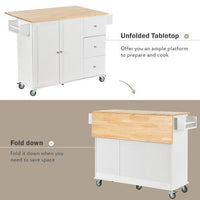 Kitchen Island Cart with Solid Wood Drop Leaf Desktop and Locking Wheels, 52.7'' Rolling Mobile Kitchen Trolley Cart with Storage Cabinet & Drawer & Spice Rack & Towel Rack, White