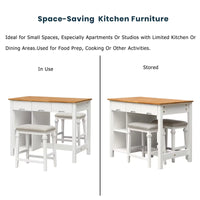 Stationary Rubber Wood Kitchen Island Set with 2 Dining Stools, Modern Farmhouse 3 Pieces Dining Table Set with 2 Shelves and 3 Drawers, for Small Places, Home, 45", White