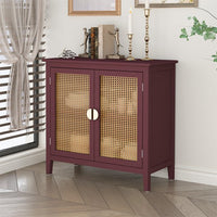 Rattan Cabinet,2-Tier Buffet Sideboard,Accent Storage Cabinet with 2 Rattan Doors,Farmhouse Sideboard with Adjustable Shelves,Natural Wood Side Cabinet Entryway Table for Living Room Bedroom,Red