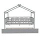 Full Size House Bed with Trundle, Wood Full Bed Frame with Roof and Fence-Shaped Guardrail, Montessori Bed for Teens, Boys or Girls, Grey