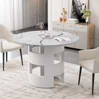 42.12" Dining Table, Modern Round Kitchen Table with Printed Marble Table Top and Cylindrical Table Leg, Mid Century Dining Room Table with MDF Base for Living Room Dining Room Kitchen, White