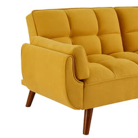76" Linen Futon Sofa Bed with Adjustable Backrest, Upholstered Loveseat Couch with Solid Wood Legs and 2 Pillows, Convertible Sleeper Sofa for Small Space Living Room Bedroom Office, Yellow