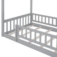 Twin Size Montessori Bed for Kids, Wood Floor Bed Frame, House Bed Frame with Fence & Roof, Solid Wood Playhouse Bed for Girls Boys Teens, Gray