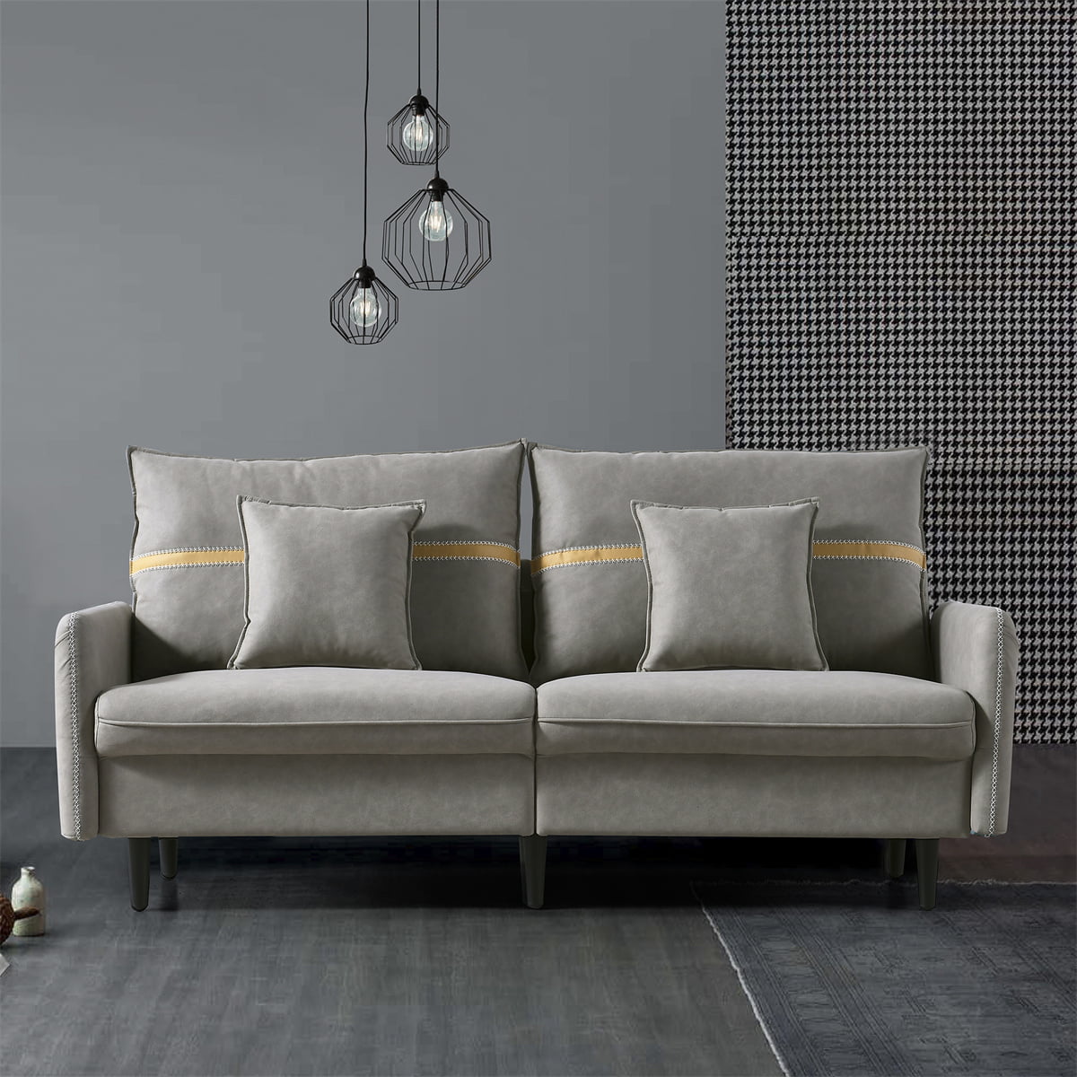 3-Seat Sofa Couch, Mid-Century Tufted Love Seat with 2 Pillows & Hidden Storage Bags, 2-Seat Upholstered Deep Sofas Couches Loveseat for Living Room Bedroom Office Apartment Dorm Studio, Gray