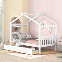 Twin Size House Bed Frame, Wood Platform Bed with 2 Drawers, Decorative Canopy Bed Top, Sturdy Frame Wood Legs Supprot, No Box Spring Needed, White