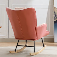 Cotton Linen Fabric Nursery Rocking Armchair with Head Pillow, Houndstooth Glider Rocker with Solid Wood Base for Living Room, Bedroom, Baby Room, Pink