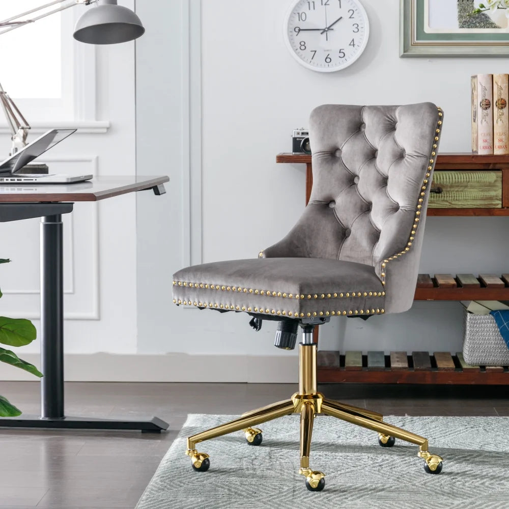 Swivel Home Office Chair, Adjustable Desk Chair Swivel Office Chair with Golden Metal Base, Velvet Upholstered Tufted Button Task Chair Computer Chair for Living Room Bedroom Office, Gray
